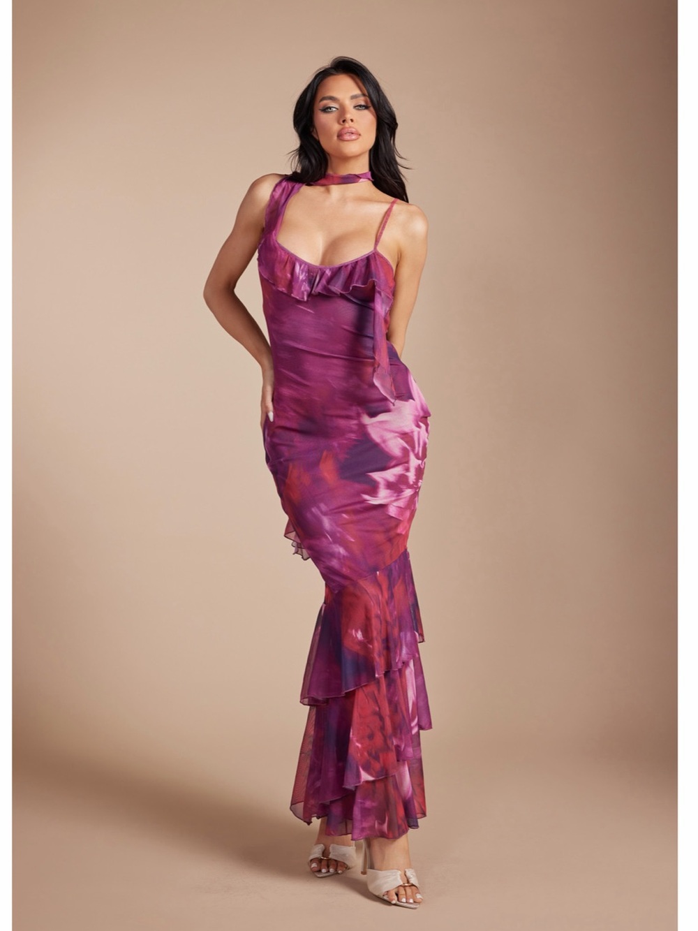 Printed Floral Mesh Maxi Dress